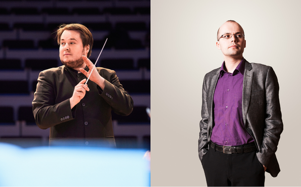 Lappeenrannan kaupunginorkesterin taiteellinen johtaja Erkki Lasonpalo ja pianisti Kirill Kozlovski.