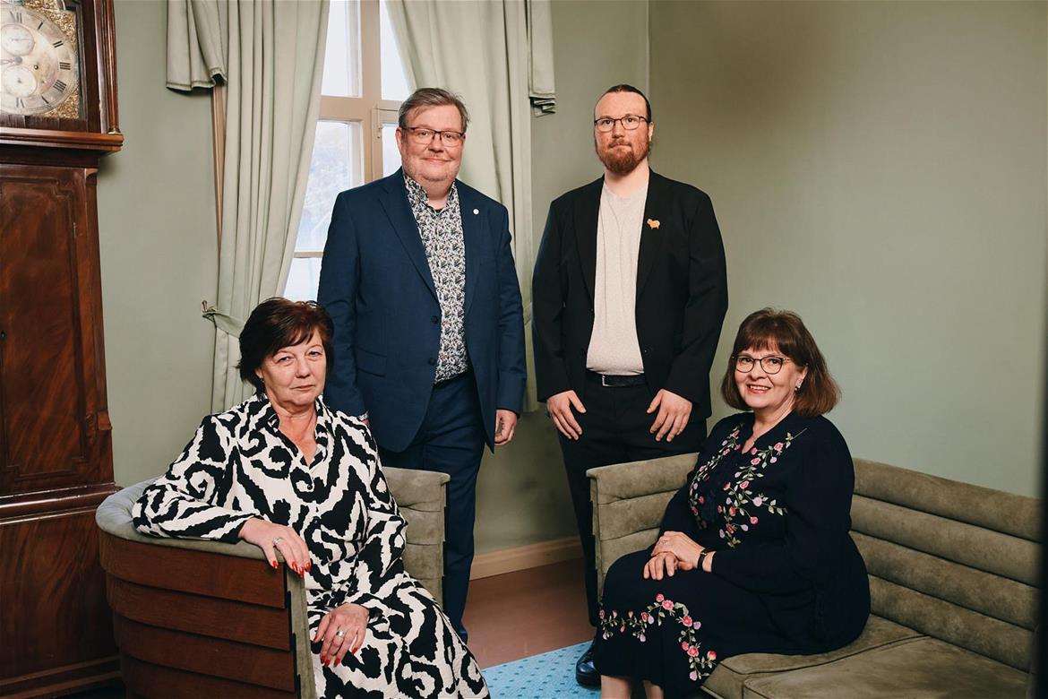 Orkesterin toimisto. Nissinen, Vesalainen, Kisilar ja Jokimies. Kuva: Kimmo Koskinen.